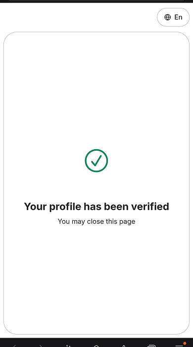바이비트 Your profile has been verified 모바일 인증 완료 화면