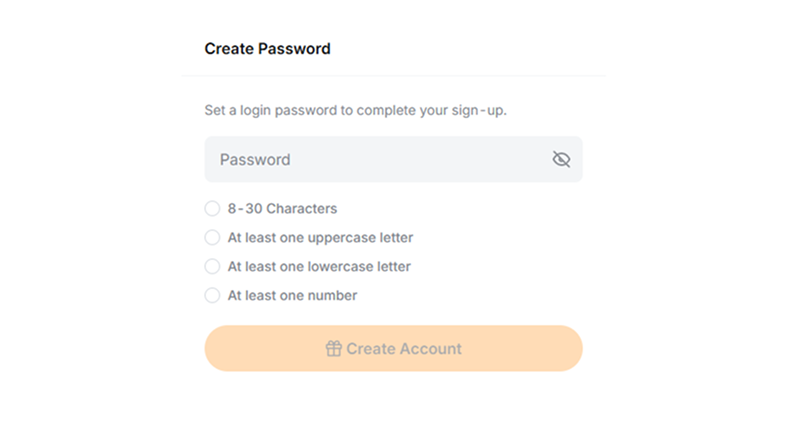 바이비트 Create Password 비밀번호 설정 화면