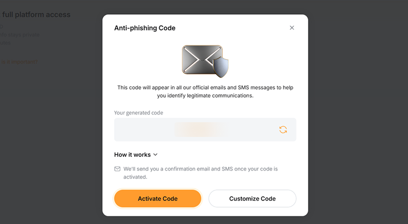 바이비트 Anti-phishing Code 설정 화면