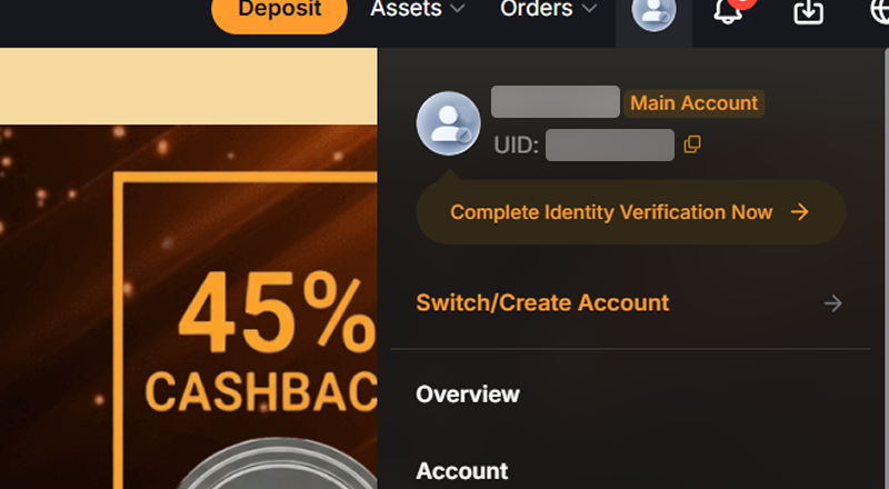 바이비트 앱 메인화면 Complete Identity Verification Now 버튼